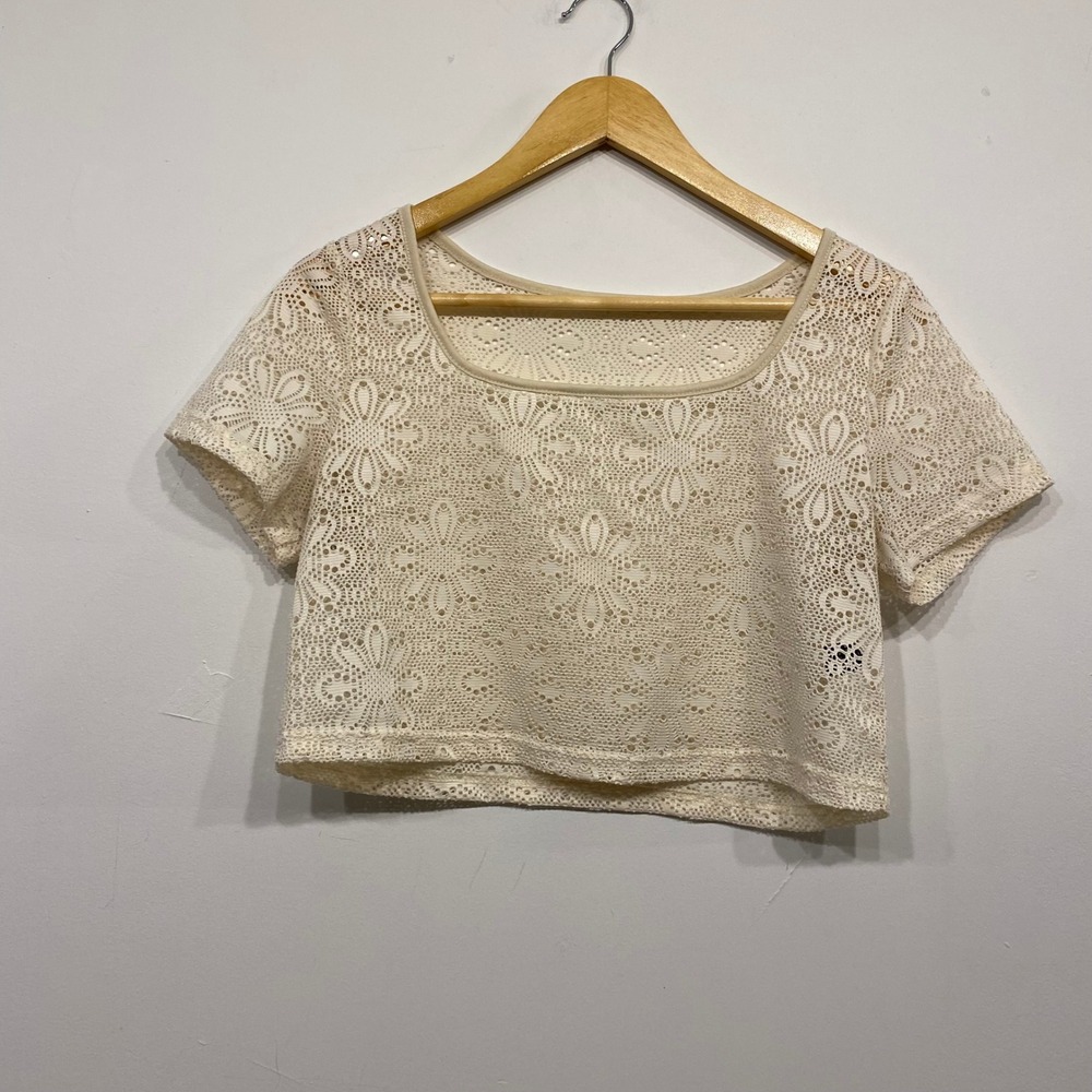 Shein Womens Cream Floral Lace Crochet Crop Top Square Neck Short‎ Sleeve Size 4